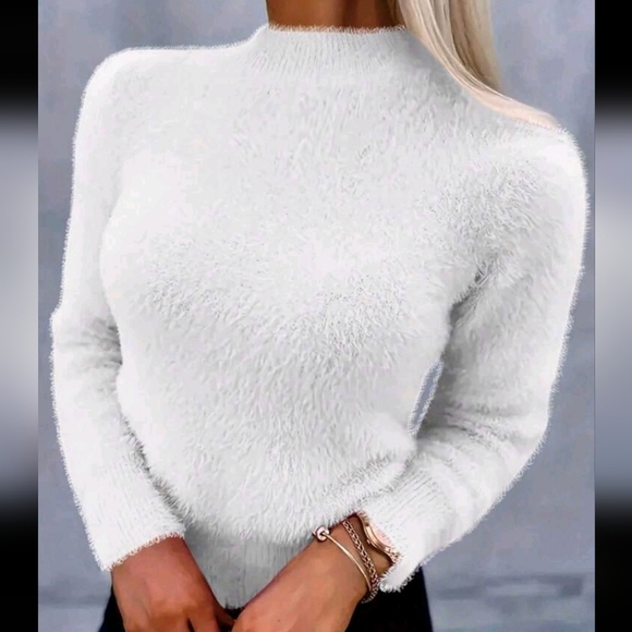 Women's Solid Color Stand Collar Long Sleeve Fluffy Sweater, Autumn/Winter - Picture 1 of 4